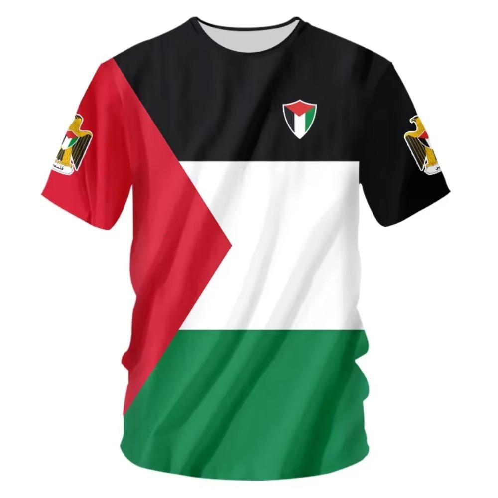 (DOMIO) Palestine Flag Football Kid T Shirt Summer Short Sleeve National Emblem 3D Printed Kid Sports Tees Loose Tops Men Tshirt