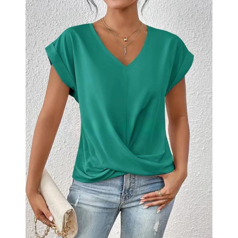 Autumn new products women's lightweight breathable V-neck T-shirt elegant knotted loose short-sleeved top women