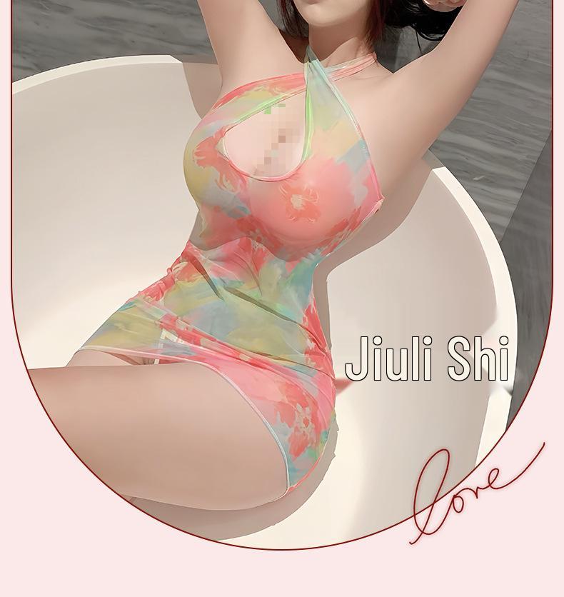 Jiuli Qingchuan Colorful Lingerie Strappy Dress: Sweet Easy-Off Temptation Pajamas with Hip-Hugging Skirt.