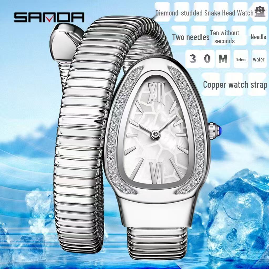 SANDA Women's Luxury Snake Head Bracelet Watch with Roman Mother-of-Pearl Dial, Diamond Accents, English Two-Hand, 30M Water Resistant.