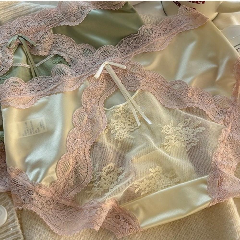 Breathable Mid Waist Lace Satin Panties Sweet Mesh Bow Briefs Patchwork Invisible Underwear for Women Girls