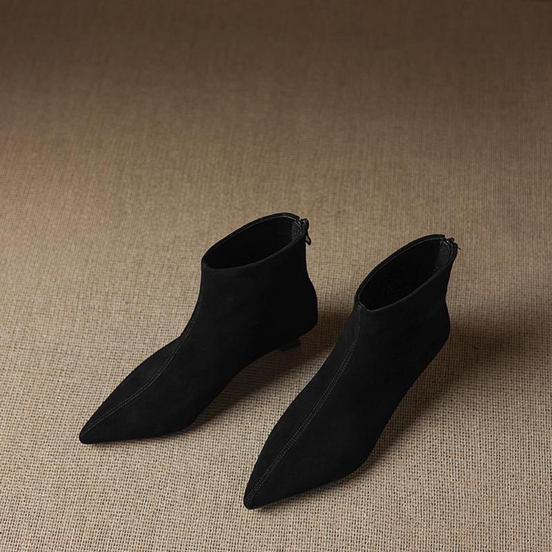 Krazing Pot Cow Suede Nubuck Winter Pointed Toe Preppy Style Stiletto Thin Med Heels Women Zip Women Ankle Boots