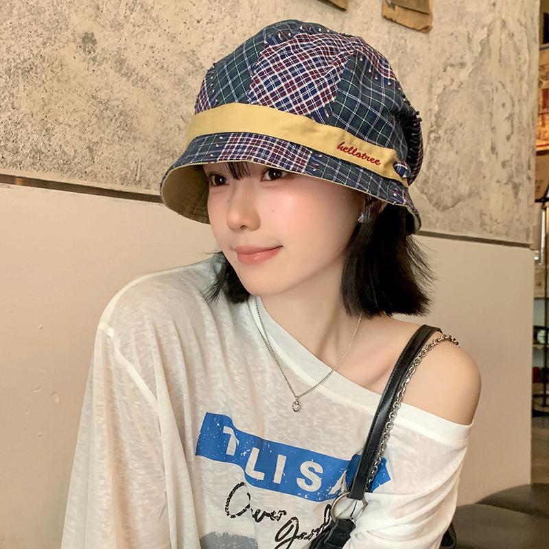 Retro Plaid Color Matching Bucket Hat Women's Niche Versatile Literary Basin Hat Big Head Circumference Showing Face Small Bucket Hat