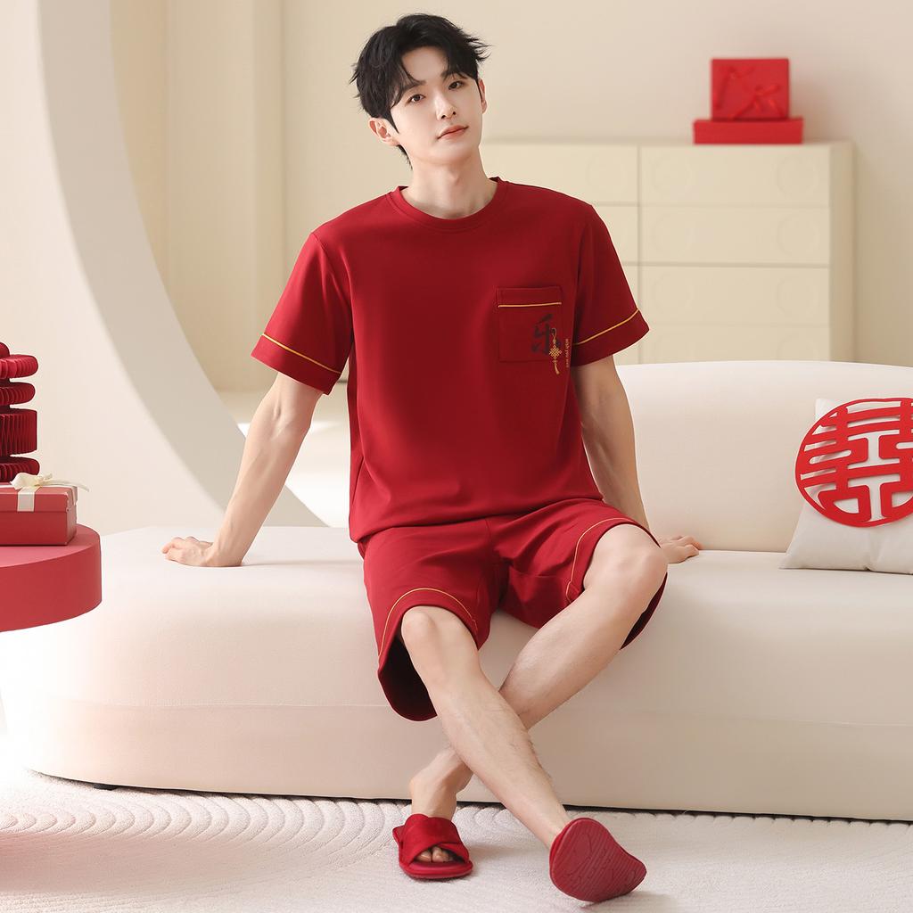 Red Wedding Couple Pajamas Women's Summer Short-sleeved Pure Cotton Pajamas Cute Natal Year Wedding Loungewear Men's Suit