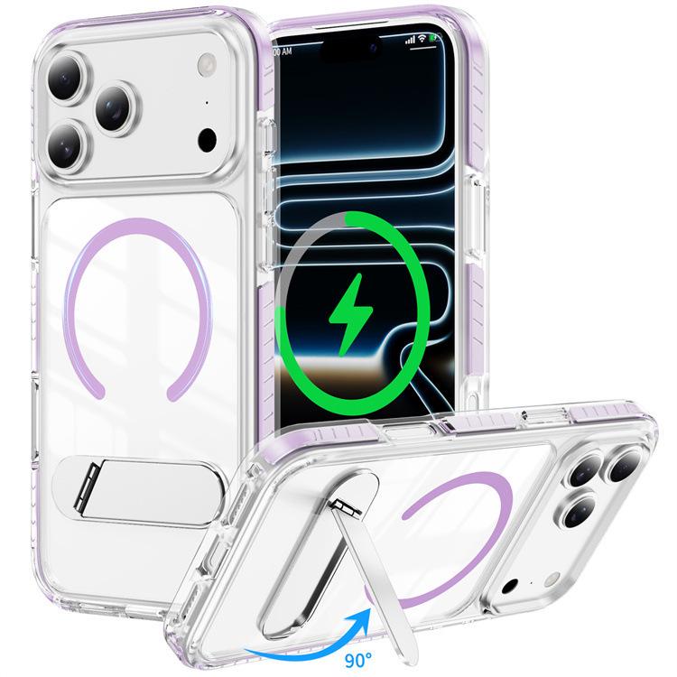 Compatible with Apple 17 Promax: High Transparency Magnetic iPhone 16/15 Case with Metal Folding Stand. iPhone 17 фиолетовый