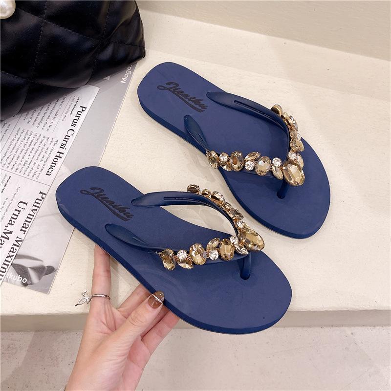 Summer New Women's Diamond Rhinestone Flip Flops Thick Heel Slope Follow Beach Slippers Comfortable Casual EVA Upper TPR Outsole