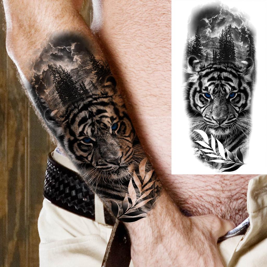 1 Sheet Lion Wolf Skeleton Nun Tiger Black Temporary Tattoos For Men Adult Leg Arm Compass Flower Fake Tattoo Sticker Waterproof