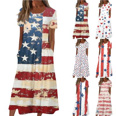 Women's Summer Casual Fashion Independence Day Printed Short Sleeve Round Neck Pocket Dress