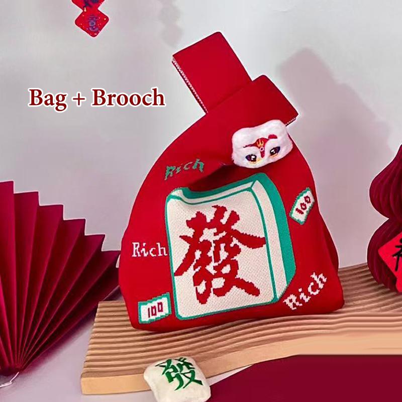 2026 New Year Cartoon Mascot Pony Knitted Gift Bag Handheld Candy Bag Large Capacity Knot Wrist Bag Cute Reusable Shopping Bags