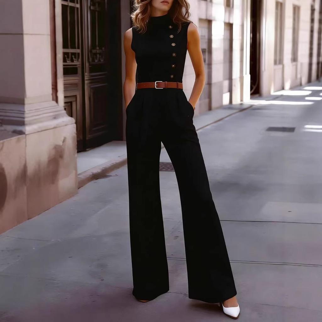Neuer europäischer und amerikanischer Mode-Temperament ärmelloser einreihiger hochtaillierter figurbetonter Jumpsuit