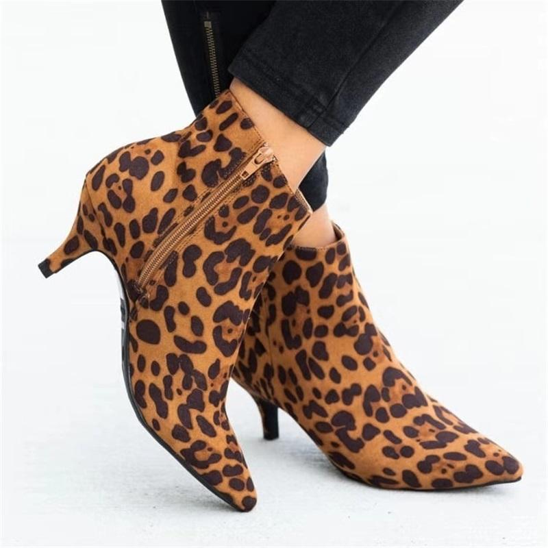 Damen Ankle Boots mit Animal Print Spitz zulaufende Zehenpartie Stilettoabsatz Seitenreißverschluss Leopard Schlangenmuster Modische Kurze Stiefel Für Herbst Winter 41 leopard print