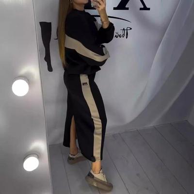 Women's Color Block Hoodie and Skirt Set - Casual Loose Fit, Mid-Length, 2025 Spring/Autumn Collection