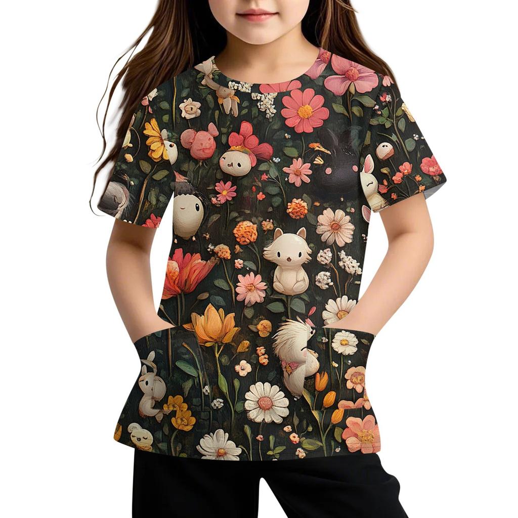 Children's Short Sleeve Pocket Tops Casual  Print T Shirt Round Neck Pullover Blouse