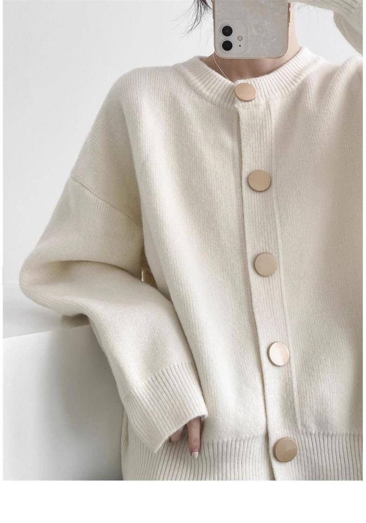 Thick Knit Single-Breasted Solid Color Cardigan - Loose Fit, Round Neck