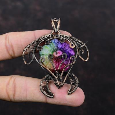 Ciondolo Drusa di Quarzo Solare Arcobaleno Avvolto in Filo di Rame Ciondolo di Pietra Preziosa Ciondolo Tartaruga Gioielli Avvolti in Filo Gioielli in Rame Fatti a Mano Per Regalo