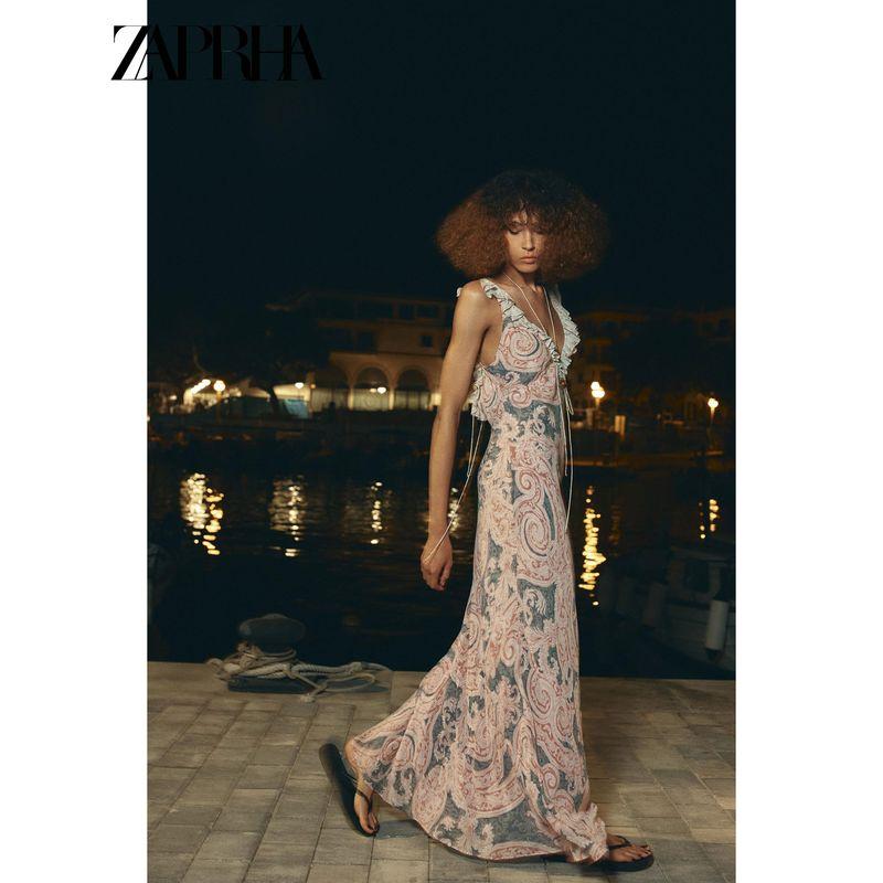 Zaprha Women clothes Laminated Decoration V-neck Sleeveless A- line Hem Print Underwear Dress 3545575