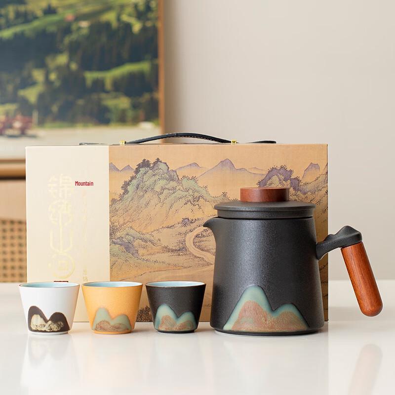 

Jun Shiqi HA Hand-Painted Chinese Ceramic Tea Set 1 Pot, 3 Cups