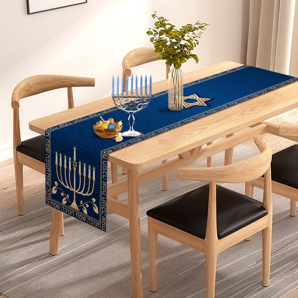 Hanukkah Table Runner Chanukah Menorah Star of David Je Festival Holiday Party Kitchen Dining Home Decoration (13" x 72")