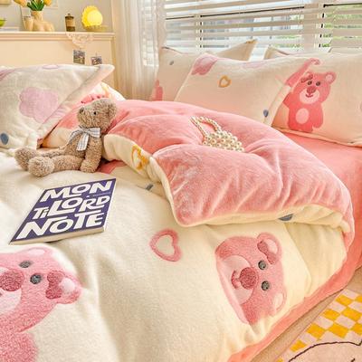 Juego de cuatro piezas de cama de terciopelo coral con leche espesa, funda de edredón de franela de doble cara, Sábana ajustable y sábana de terciopelo, juego de tres piezas para invierno