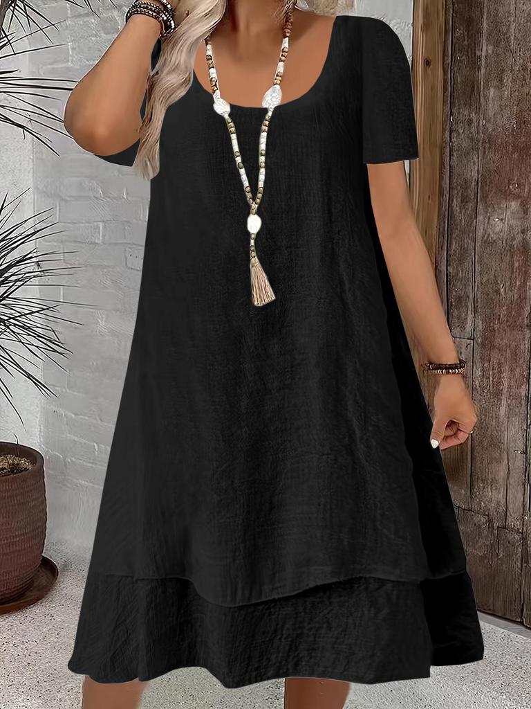 European & American Spring/Summer Women's Casual Loose Short Sleeve Solid Color Layered Dress