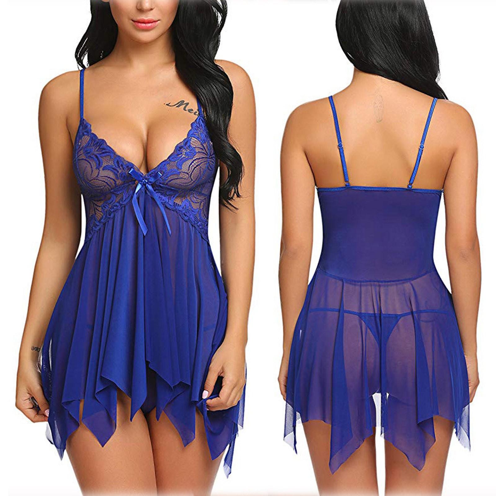 

Женская мода сексуальный кружевной сплошной цвет сексуальный беспроводной бюстгальтер слинг ночная рубашка XXXL синий