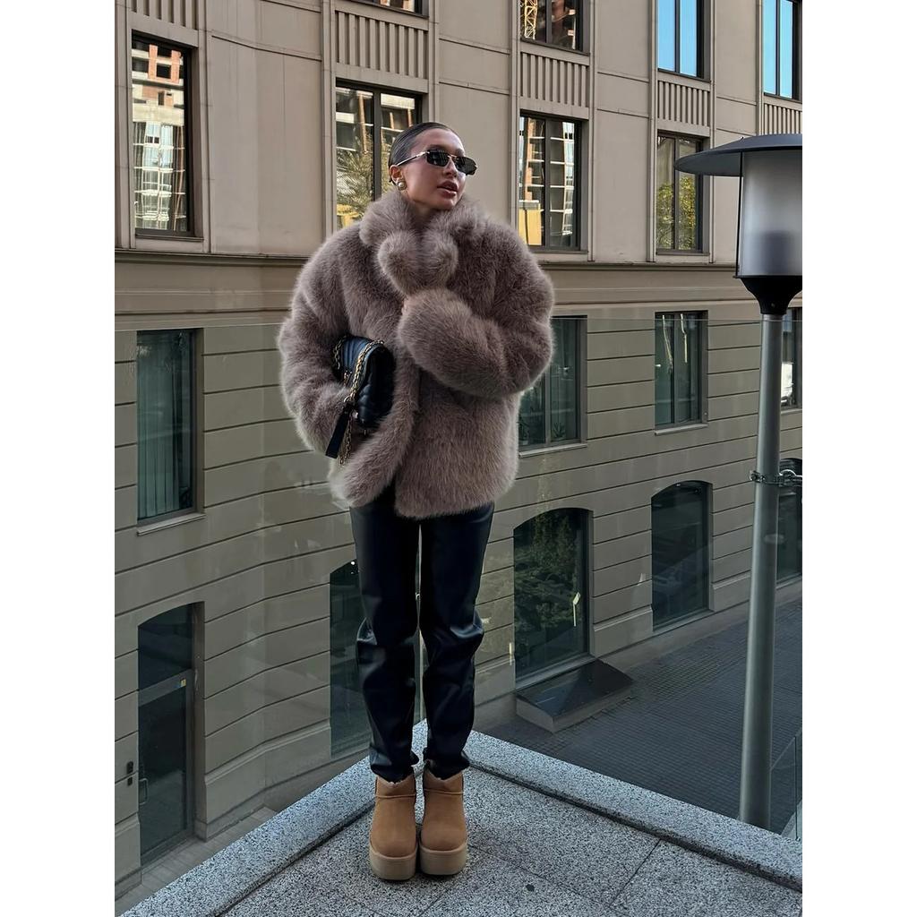 Women Faux Fur Coats Solid Thick Jackets Long Sleeves Notched Collar Covered Buttons Loose Fit Elegant Casual  Autumn Winter