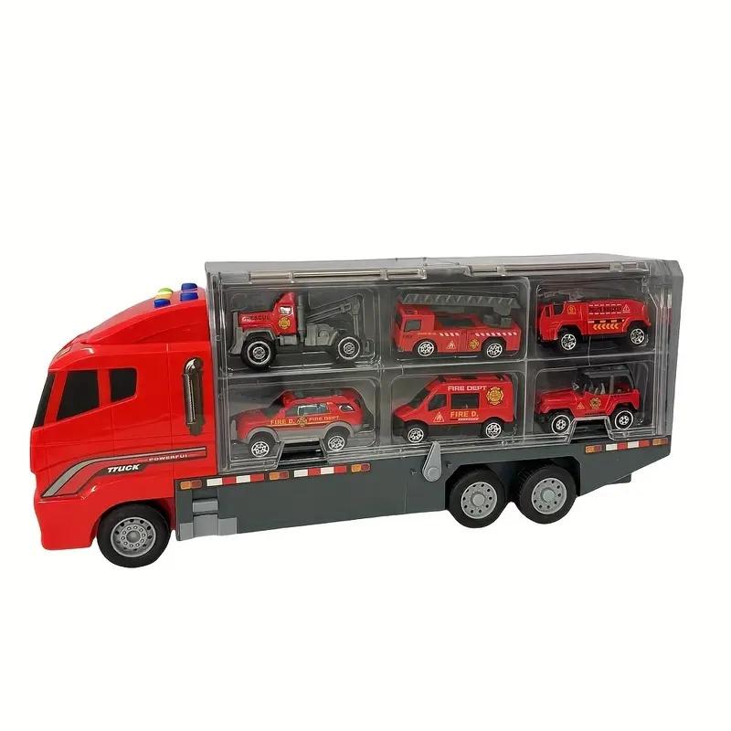 Children's Toy Set with Large Vehicle And 6 Small Cars - Engineering And Fire Truck Toys Combination for Kids