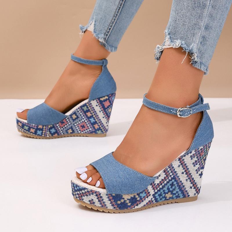 New Style Denim Round Head Hollow One-word Buckle Weave Water Table Muffin Bottom Slope Heel Sandals