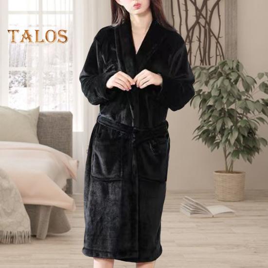 Men Women Plush Fleece Bath Robe Knee-Length Lapel Tie Design Water Absorbent Winter Loungewear Daily Wear Sleepwear