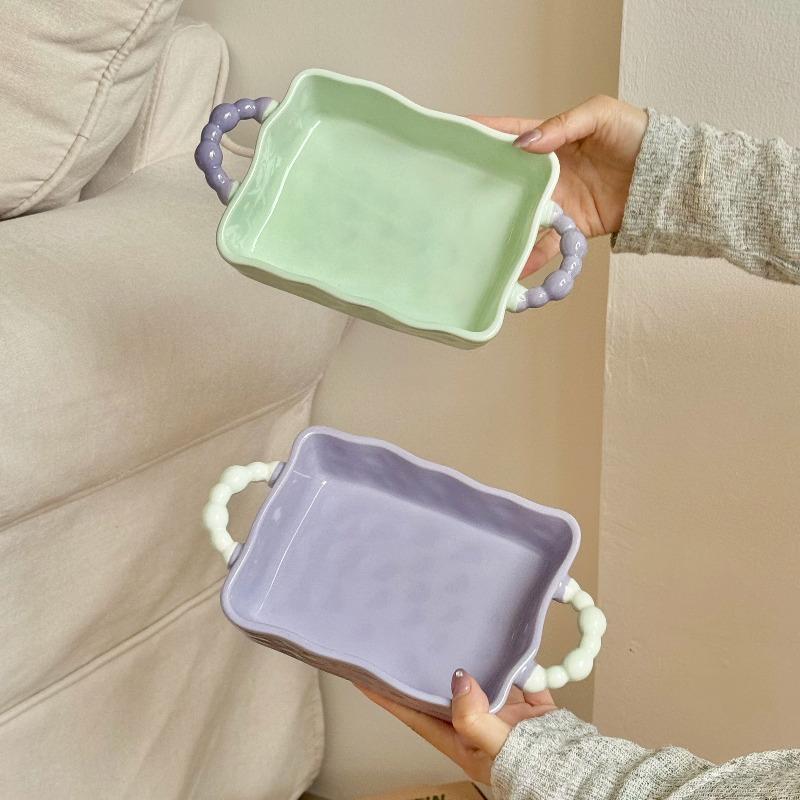 Sinple Cheese Baked Ri Baking Tray Ramic Double Ear Handheld Pattern Baking Bowl Household Microwave Oven Dessert Plate
