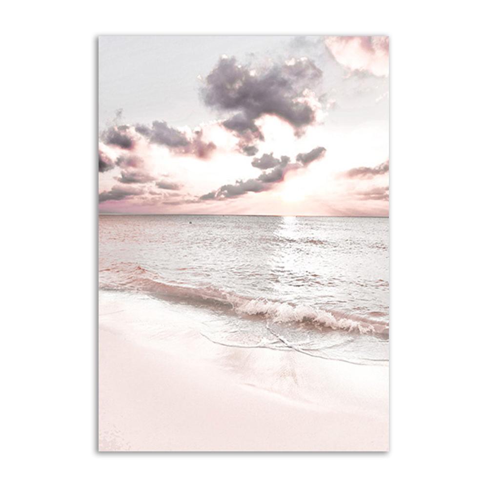 Pink Seascape Wall Art Canvas Painting Sunshine Beach Wall Poster Print Starfish Palm Tree Prints Nordic Wall Picture Home Decor