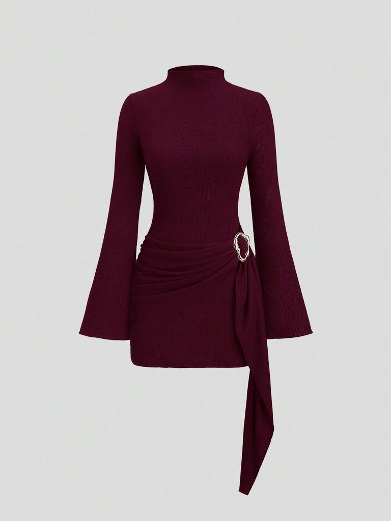 Spring Knit Texture Solid Color Slim Fit Flattering Metal Buckle Dress Mature Style French Retro Patchwork Slim Sexy Elegant Women Maxi Dress