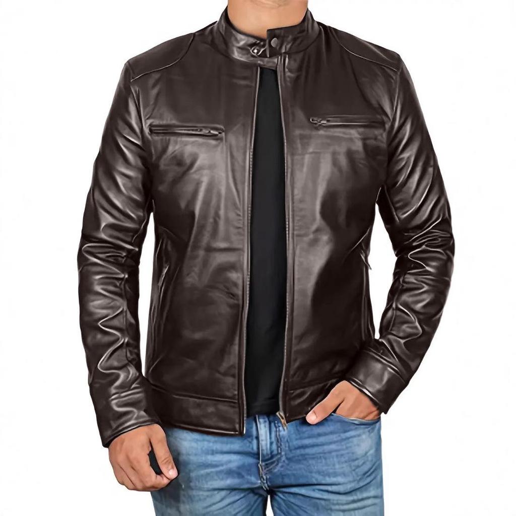 Herren Retro Slim Fit Stehkragen Motorradjacke mit Mehreren Taschen für Frühling/Sommer