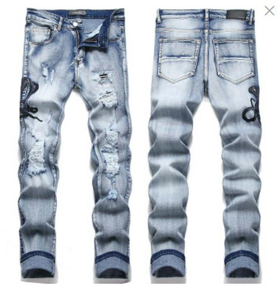 Jean slim stretch brodé Cobra bleu pour homme