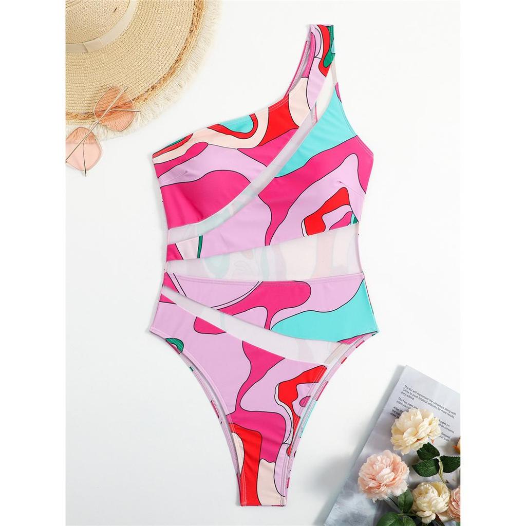 Sexy Gedruckt Mesh Sheer Spleißen Schulter Ein Stück Badeanzug Frauen Bademode Weiblichen Monokini Badende Badeanzug Schwimmen