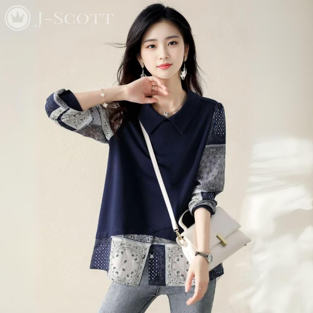 Layered Chiffon Blouse with Paisley Puff Long and Contrasting Navy Blue J-Scott Women's Print, Sleeves, Sleeves, Fabrics, (JS33-NV-2XL)