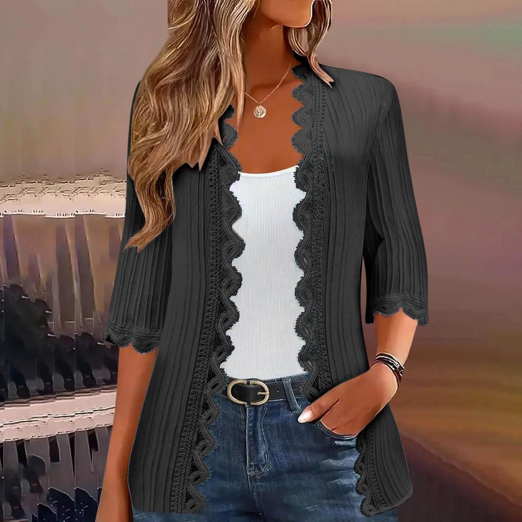 Women's Fashion Casual Seven Split Sleeve Solid Color Lace Cardigan Jacket