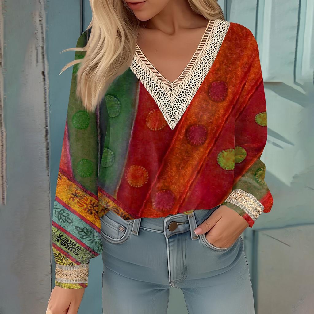 Women's Autumn Printed Tops Formal Casual Lace V-Neck Long Sleeve Shirt Fashion Loose Regular Fit T-Shirt Shirt Tunic Lace Top