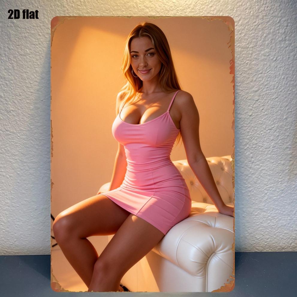 Sexy Blondine in Roze Mouwloze Bodycon Mini Jurk Zittend op Witte Lederen Poef met Warme Gouden Verlichting D Flat HD Me