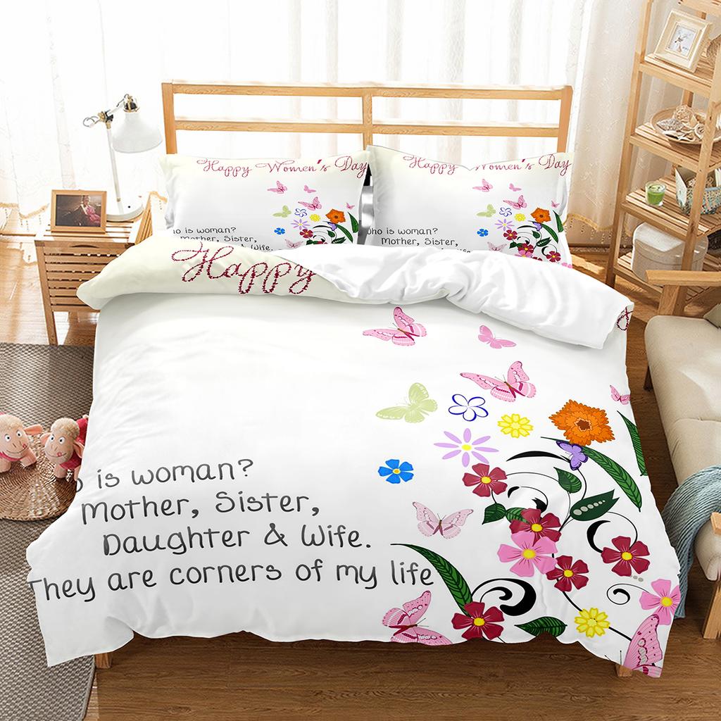 Comforter Romantic Floral Happy Women'S Day Bedding Set Polyester March 8 Comforter Single King Size For Mother Gift