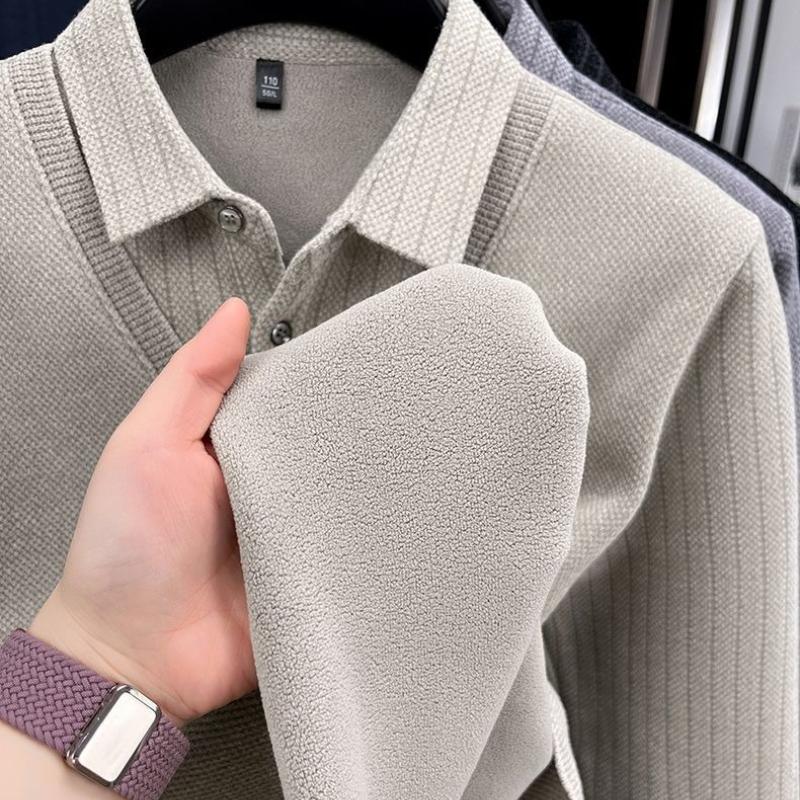 Mens Sweater Polo Collar Label Patchwork Stripes Plush Wool Liner Knitted Thickened Sweater Print Thermo Menswear