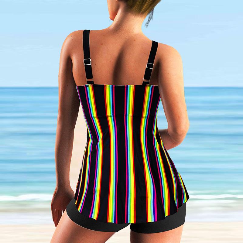 Women's Shoulder Strap Swimsuit Multicolor Rainbow Stripes Print Bikini Tankini Swimsuit