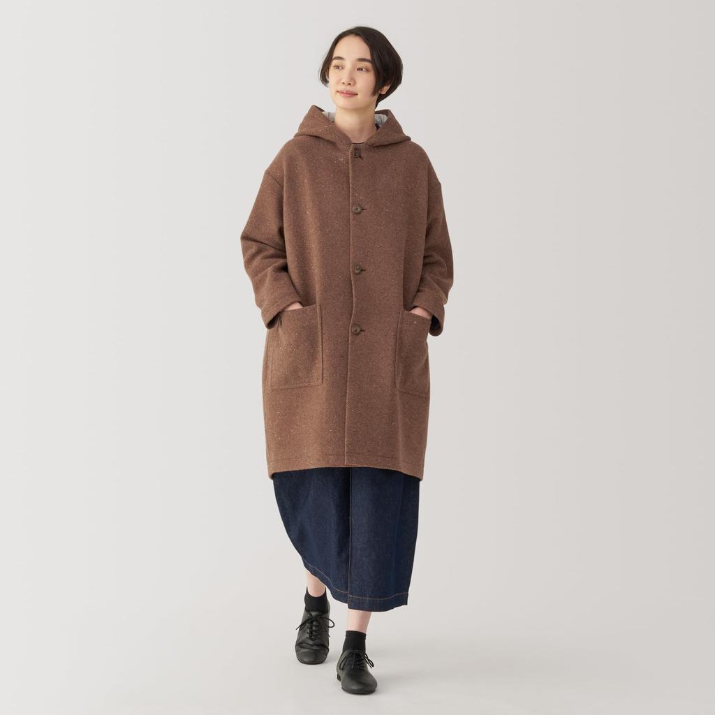 MUJI Women's Wool-Blend Twill Hooded Coat, BG1R1A4A, Brick, Women's Size S