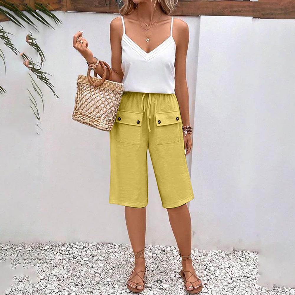 Women Street Casual Bermuda Pants Front Pockets Elastic Waist Shorts Summer Solid Versatile Drawstring Knee Length Pants Female