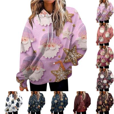 Damenmode Sweatshirt Weihnachtsdruck Lässiges Kapuzensweatshirt mit Taschen