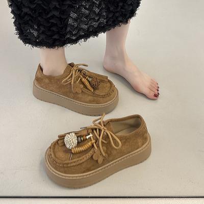 2025 Retro Round Head Lace-up Women's Shoes British Style Platform Versatile Small Fringed Loafers Women's Single Shoes Trend