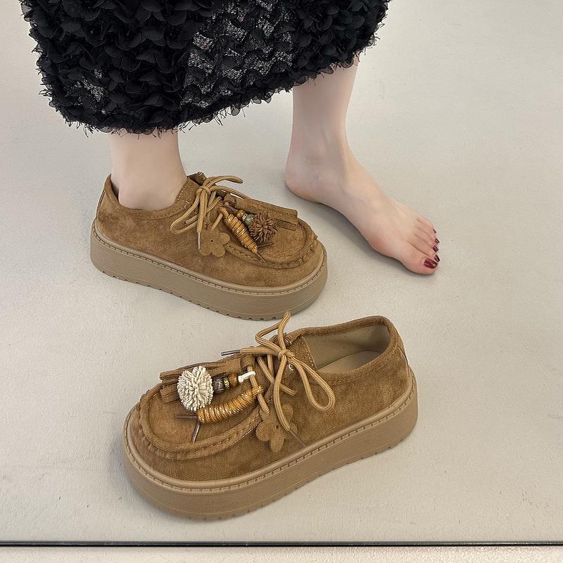 2025 retro round head lace-up women's shoes British style platform versatile small fringed loafers women's single shoes trend