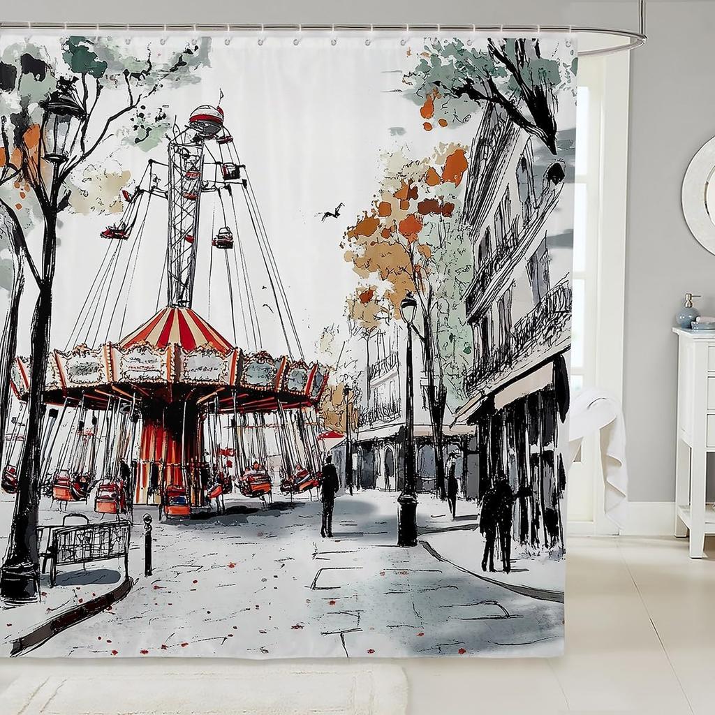 Cartoon Circus Bathroom Curtains Happy Holiday Shower Curtain Sets for Kids Boys Girls Funny Ferris Wheel Shower Curtain Funny