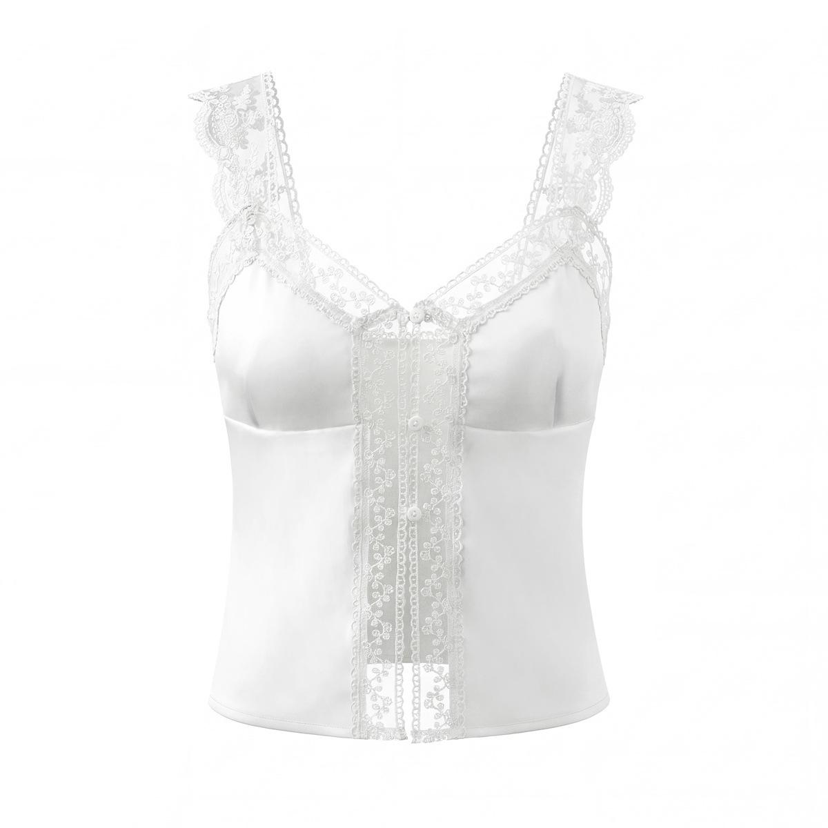 Women s Lace Patchwork Satin White Top, European Style, Single-Breasted, Autumn 2025 Collection Large