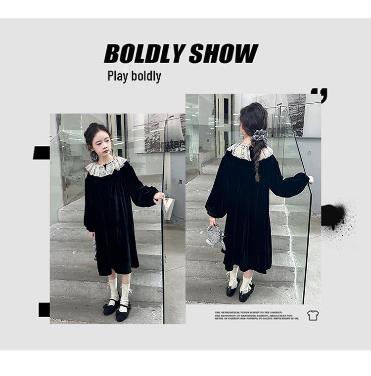 2025 Velvet Princess Dress for Girls: Spring & Autumn Style with Lace Trim Collar